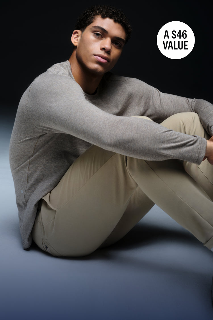 Man wearing Pima Long Sleeve Tshirt in Truffle Heather