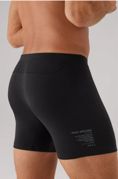 Person wearing black athletic shorts with brand name on a plain background